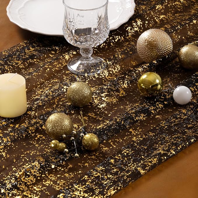 Socomi Gold Table Runner Gauze Tulle Sheer Glitter Metallic Foil Chiffon Cheesecloth Sequin 10FT Wedding Birthday Party Dining Anniversary Holiday Centerpiece Table Decor Black