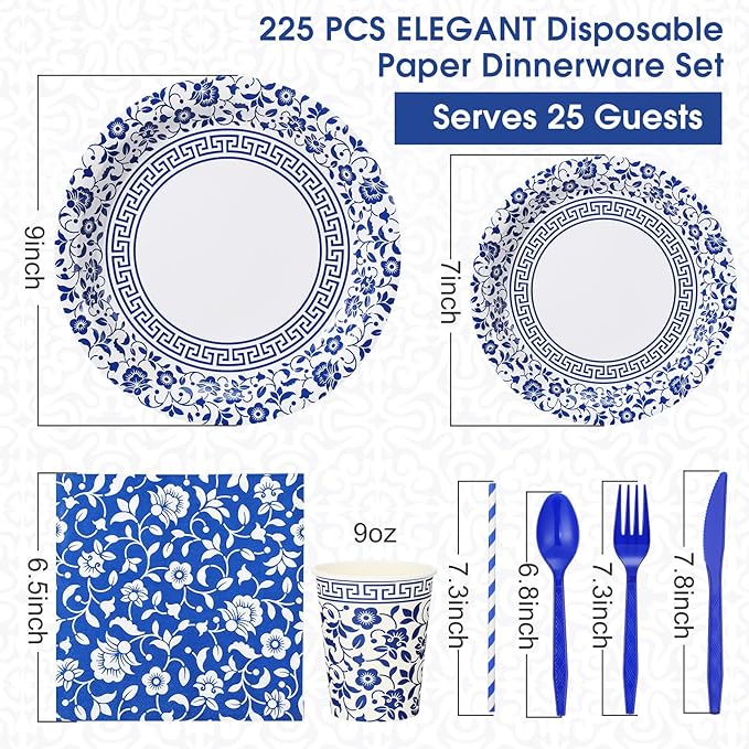 Hushee 225 Pcs Blue and White Flower Disposable Tableware Set for 25 Guests 9 Inch 7 Inch Elegant Floral Paper Plates Cups Straws Napkins Knives Forks Spoons for Bridal Shower Wedding Birthday Party