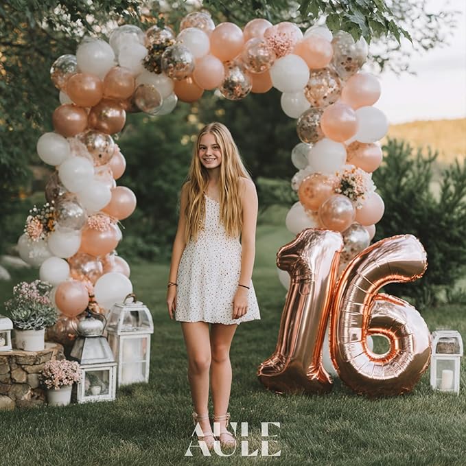 AULE 40 Inch Large 16 Number Balloons Rose Gold Big Foil Number Balloons Giant Helium Happy 16th Birthday Party Decorations for Women Huge Mylar 61 Anniversary Supplies