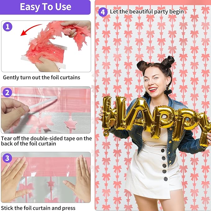 Pink Bow Birthday Decorations 2 Pack, 3.3x6.6ft Bow Backdrop Glow in The Dark Party Supplies, Pink Tinsel Backdrop Door Streamers Themed Party Decor, Foil Fringe Curtains for Baby Shower Halloween