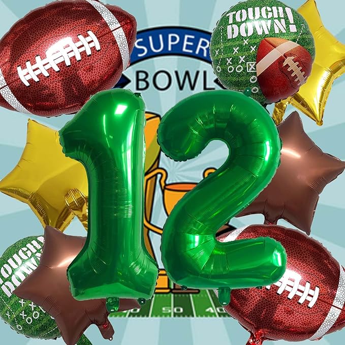 Football Balloons Foil Football Birthday Decorations Balloons Green Number 12 Balloon Gold Brown Star Touchdown Ballons for Rugby Birthday Decorations Sports Ballons Arch Kits Party Balloon Sets 10pcs
