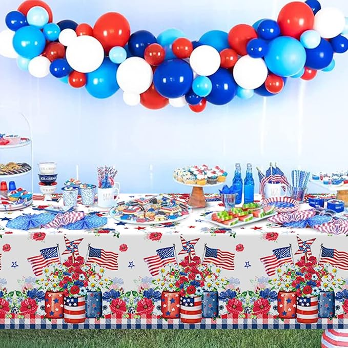 6 Pack 4th of July Tablecloth Decorations, Vase Flower Patriotic Plastic Table Cover, Red White and Blue Decorations with Star Stripe Sign for Patriotic Independence Veterans Memorial Day, 54x108 Inch
