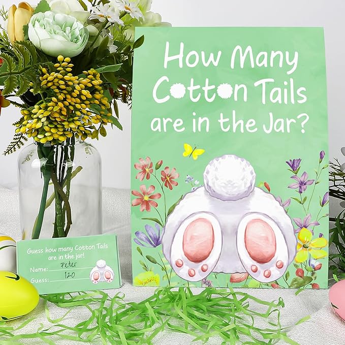 COCHIE 30 Players Easter Games for Adults family Large Groups, How Many Cotton Tails Are in the Jar Easter Party Game, Spring Games Classroom Bunny Brunch Sign with Cards (Green)