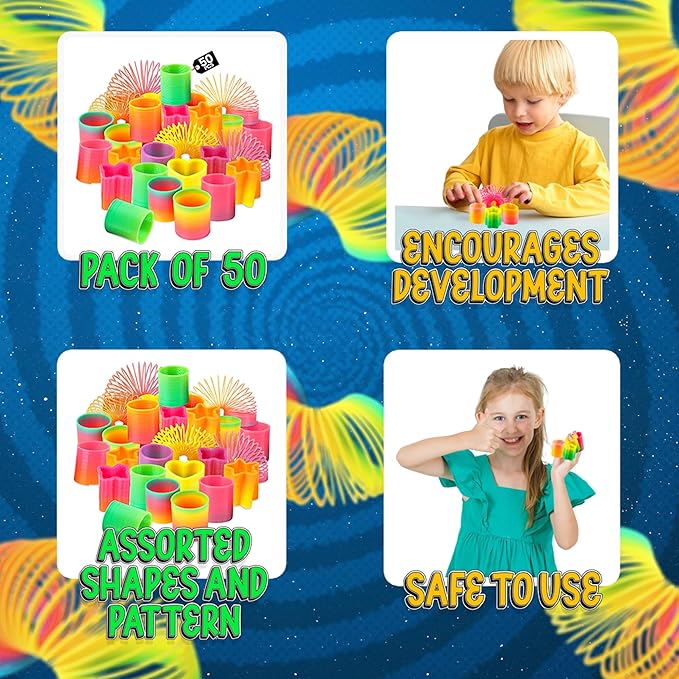 Bedwina Rainbow Spring Toy Assortment - (Pack of 50) Mini Plastic Coil Spring Toy | Bright Colors and Shapes, Goody Bag Filler, Party Prizes and Stocking Stuffers for Kids