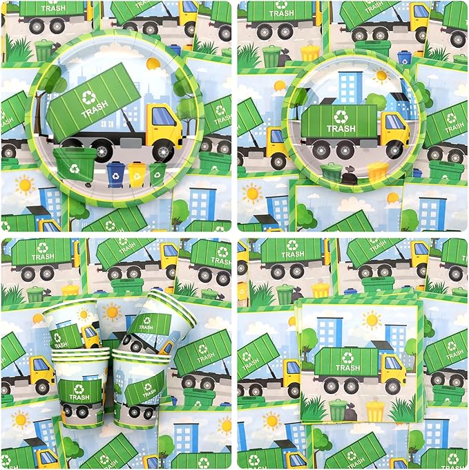 Trash Truck Birthday Party Decoration - Garbage Truck Birthday Party Tableware Supplies Includes Plates, Cups, Napkins, Tablecloth, Straws (20)