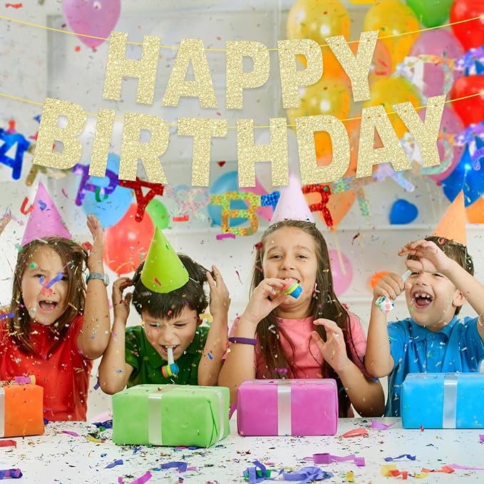 Pre-Strung Happy Birthday Banner Sign - NO DIY, Glitter - Gold Birthday Party Banner for Women Men Girls Boys