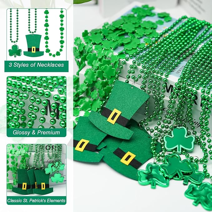 HOOSUN 15 Pack St Patricks Day Beads Necklaces Bulk,St Patricks Day Decorations Accessories for Party Favors,St Patrick's Day Necklaces Party Supplies,Saint Patricks Day Green Beads Shamrock Necklace