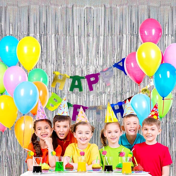 Silver Tinsel Foil Fringe Curtain Backdrop, 3.3 x 8.2 ft Metallic Glitter Curtain Streamers, 2 Pack Silver Photoboth for Birthday New Year Eve 2024 Disco Party Decorations