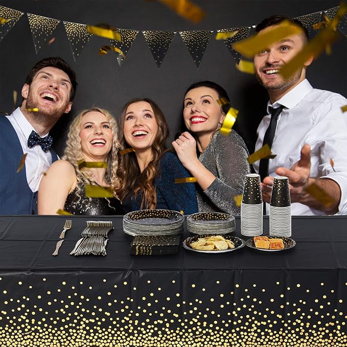 108"x54" 4 Packs Black and Gold Disposable Party Tablecloth for Rectangle Table, Gold Stamping Dot Confetti Rectangular Plastic Table Cover, for Graduation, Birthday, New Year Eve 2026