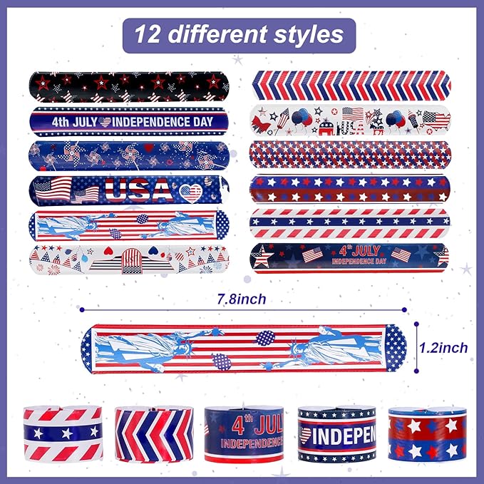 MGparty 4th of July Accessories, 48PCS Patriotic Slap Bracelets Toys for Kids, Fourth of July Decorations Party Favors Memorial Day Supplies Classroom Prizes Gifts Accessories