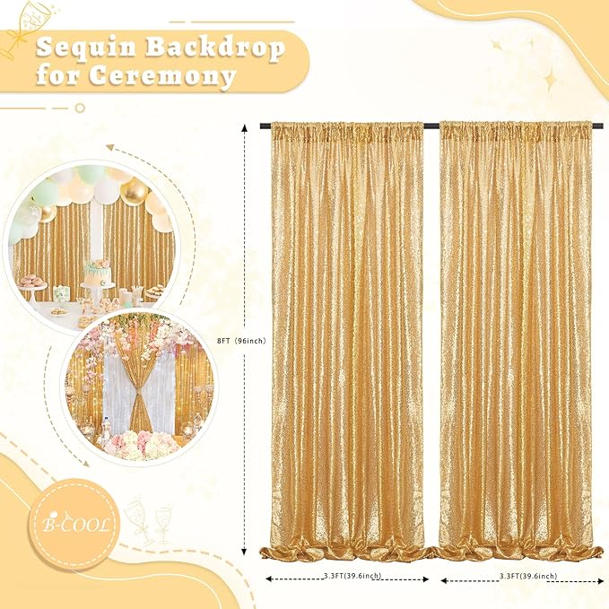B-COOL Gold Sequin Backdrop Curtains 2 Packs 3.3ftx8ft Gold Sparkle Backdrop Fabric Glitter Background Drapes for Party Ceremony Wedding Birthday Decoration