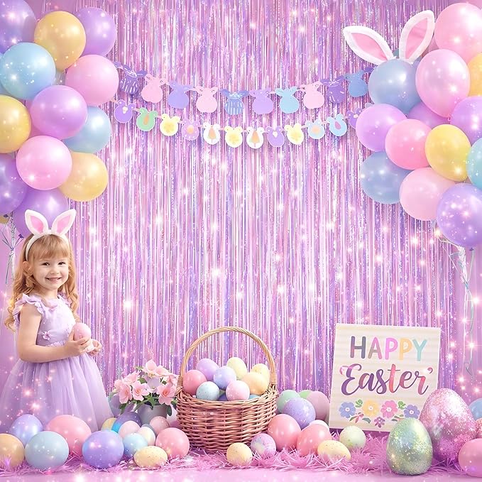 Easter Decorations for Home Melsan 3 Pack 3.2 x 8.2 ft Pinkish Purple Tinsel Fringe Curtain Backdrop, Sparkling Metallic Party Decorations for Girls Birthday, Bachelorette, Wedding, Photo Booth