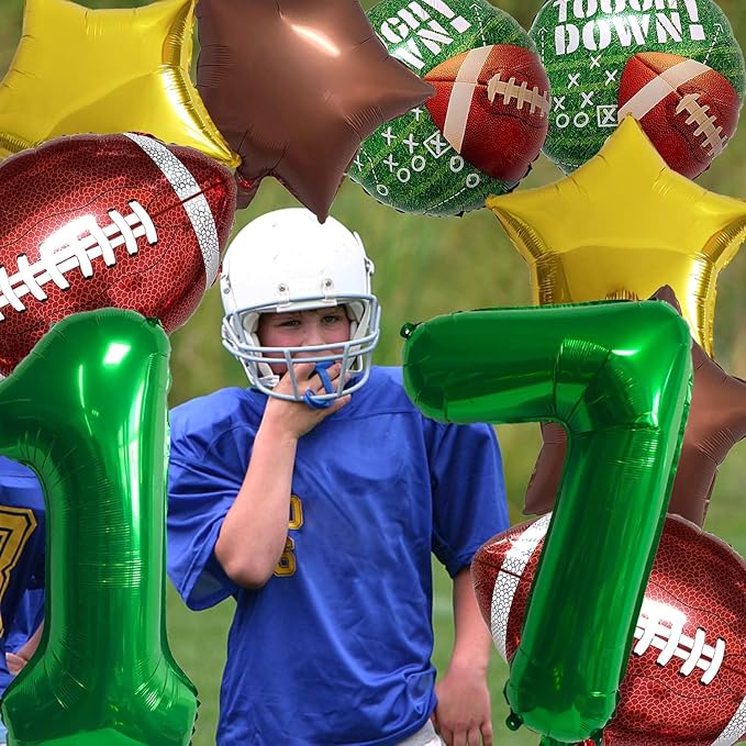 Football Balloons Foil Football Birthday Decorations Balloons Green Number 17 Balloon Gold Brown Star Touchdown Ballons for Rugby Birthday Decorations Sports Ballons Arch Kits Party Balloon Sets 10pcs