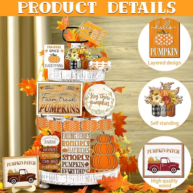 14 Pcs Thanksgiving Tiered Tray Decor Fall Thanksgiving Pumpkin Wooden Decorations Set Rustic Farmhouse Truck Spice Blocks Autumn Wooden Sign for Winter Halloween