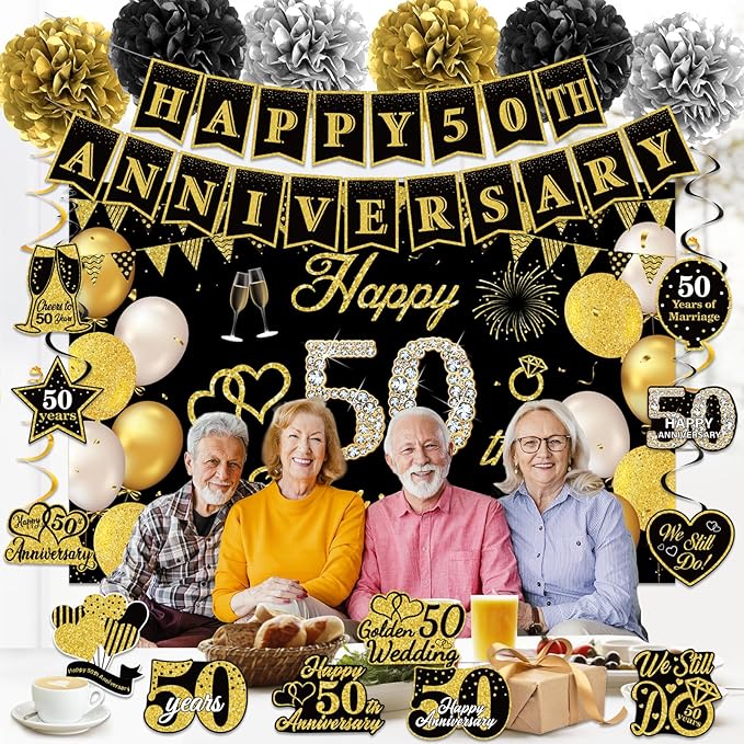 50th Wedding Anniversary Party Decorations Supplies Kit - 41PCS Black Gold Happy 50th Anniversary Banner Backdrop Hanging Swirl Pompoms Decorations Cards
