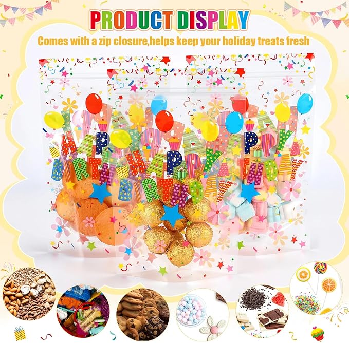 Fuutreo 50 Pcs Happy Birthday Bags Plastic Birthday Sealed Pouches Resealable Colorful Balloons Bags Party Favor Pouches for Home Candy Small Gift Party Wrapping Supplies Decoration