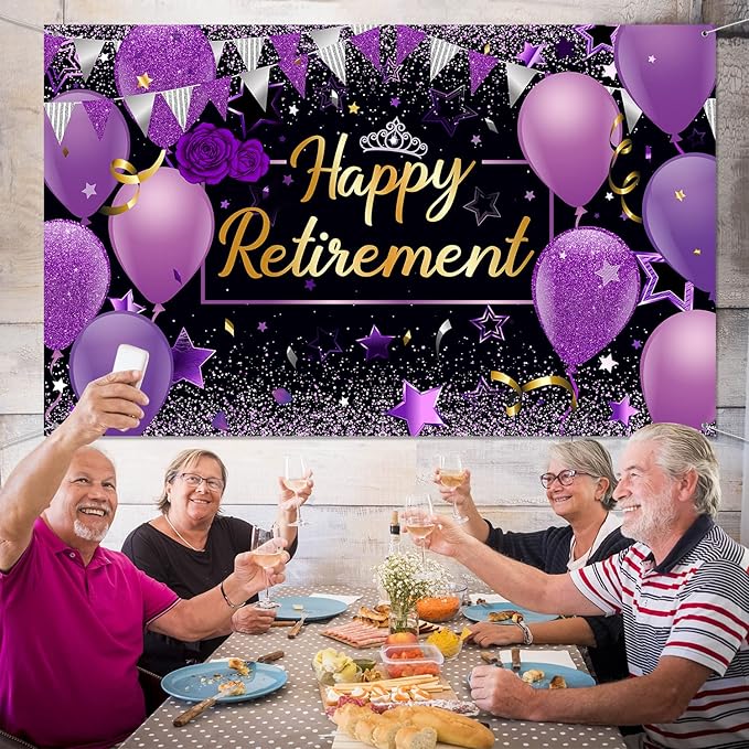 Blulu Retirement Party Decorations, Extra Large Fabric Retire Sign Banner Photo Booth Backdrop Background with Rope for Retirement Party Favor(72.8 x 43.3 Inches,Purple and Black)