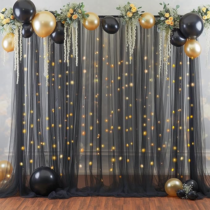 10x10ft Black Tulle Backdrop Curtain with Lights String for Parites, Sheer Photo Backdrop Curtains for Wedding Baby Shower Birthday Party Photo Shoot Decorations