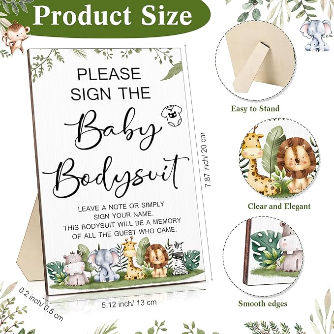 Qunclay 12 Pcs Baby Shower Game Decor with White Unisex Bodysuit Wooden Sign Tabletop Decor and Marker for Guests(Safari)