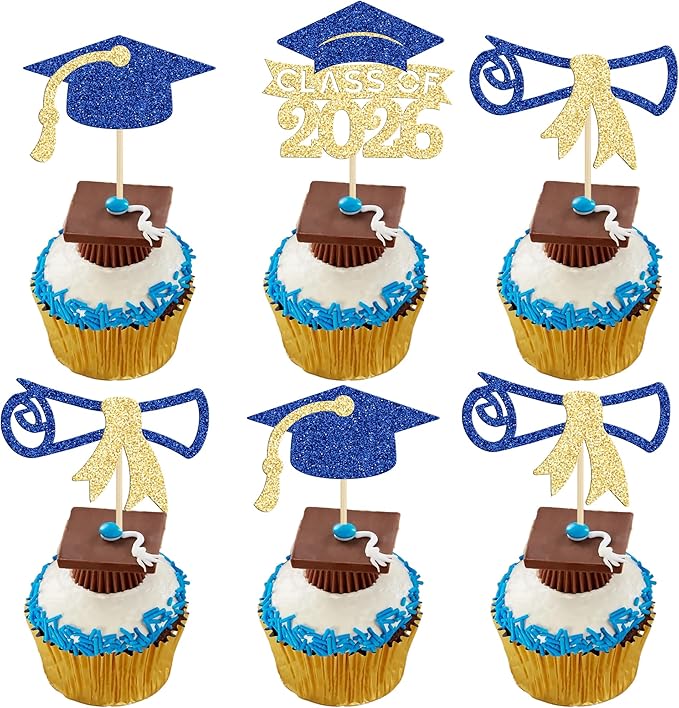 Gyufise 24Pcs 2026 Graduation Cupcake Toppers Glitter Class of 2026 Cupcake Picks Diploma Graduation Cap Cake Decorations for Theme Party Supplies Gold Blue