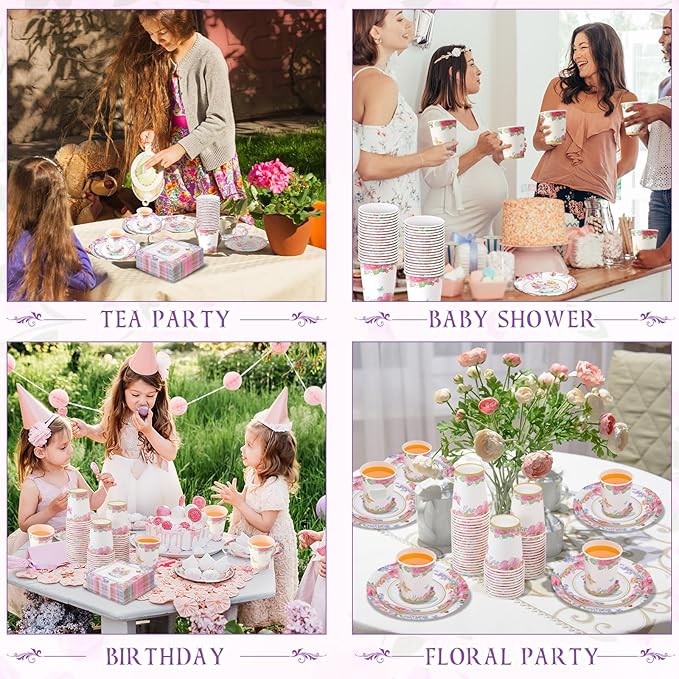 Pickmesh 250 Pcs Tea Party Disposable Tableware Set Paper Plates and Napkins Cups Supplies Tea Party Theme Dinner Dinnerware for Birthday Bridal Baby Shower wedding Decoration Serves 50