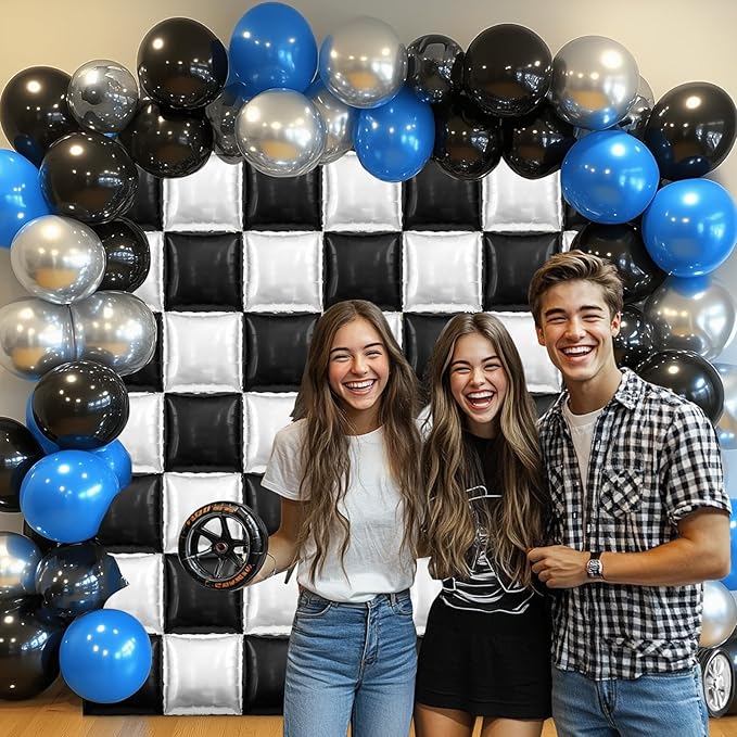 50 PCS Black and Pearl White Square Foil Balloons Wall Backdrop 19'' Reusable DIY Mylar Balloon Tunnel Arch Kit for Racing Birthday Baby Shower Wedding Bachelorette Party Background Decor