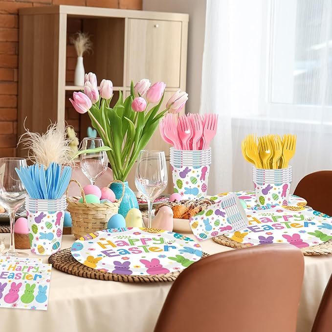 Easter Paper Plates and Napkins Sets,144pcs Bunny Egg Happy Easter Tableware Supplies Disposable Easter Themed Birthday Party Plates Napkins Cups for Spring Themed Decor