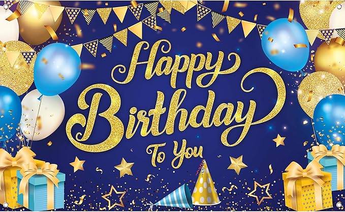 KatchOn, XtraLarge Blue and Gold Happy Birthday Banner - 72x44 Inch | Blue and Gold Bday Backdrop for Happy Birthday Decorations | Party Decorations for Men and Women