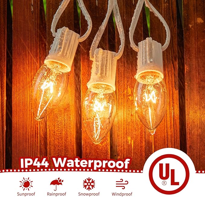 Brightown 25 Feet C9 Bulb String Lights Outdoor White Christmas Lights for Outdoor Patio Room Christmas Party Backyard Decoration,Warm White, Clear Glass