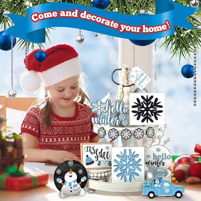 Winter Tiered Tray Decor Winter Snowman and Snowflakes Wooden Signs Farmhouse Tiered Tray Decorations Set Wood Table Decor for Holiday Home Kitchen(Retro Style)