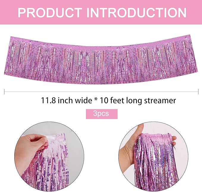BEISHIDA 3 Packs Metallic Foil Fringe Garland Laser Light Pink Wall Hanging Tinsel Fringe Banners for Car Floats Bridal Shower Wedding Birthday Easter Graduation Holiday Party Decoration(30 Feet)