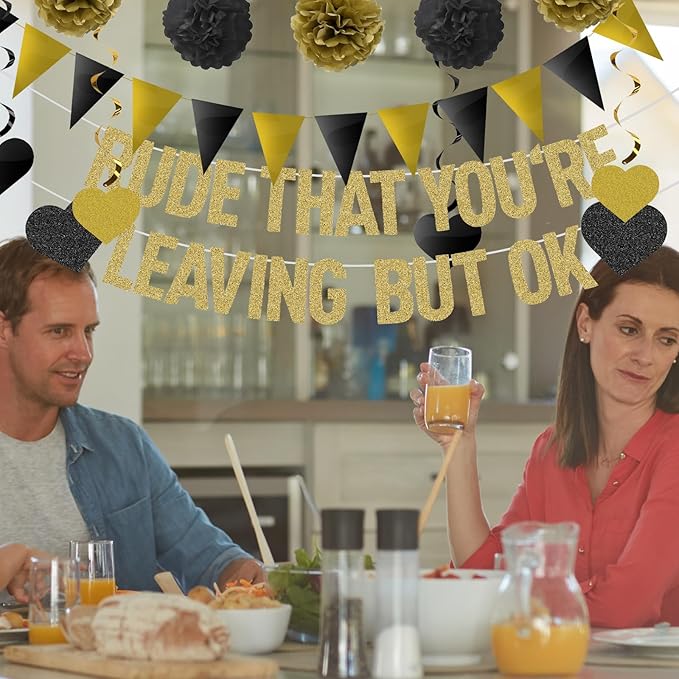 Rude That You're Leaving But OK Banner Going Away Party Decorations for Coworker Friends, Retirement Party Decor, Black Gold Glittery Office & Home Farewell Party Goodbye Decorations