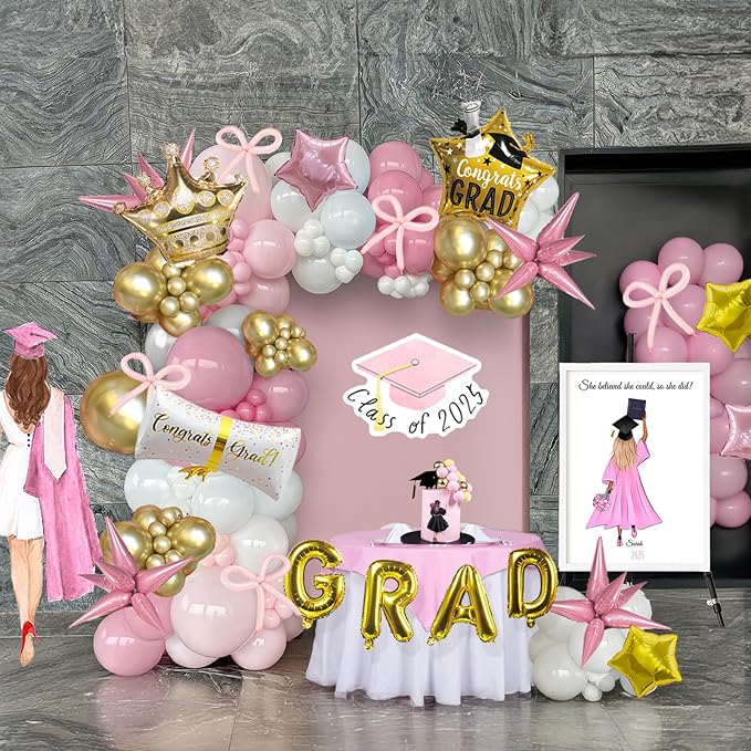 Pink White and Gold Balloon Garland Arch Kit 140Pcs with Pink and gold Stars Graduation Certificate Crown DIY bow for 2025 GRAD Prom coquette Decorations