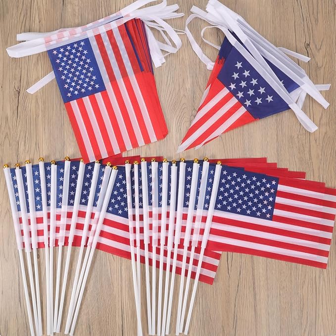 HOWAF 4th of July Decorations, American Flag Banner Patriotic Bunting USA Garland and 20 Small American Flags On Stick for July 4th Decor Fourth of July Independence Memorial Day Party Supplies