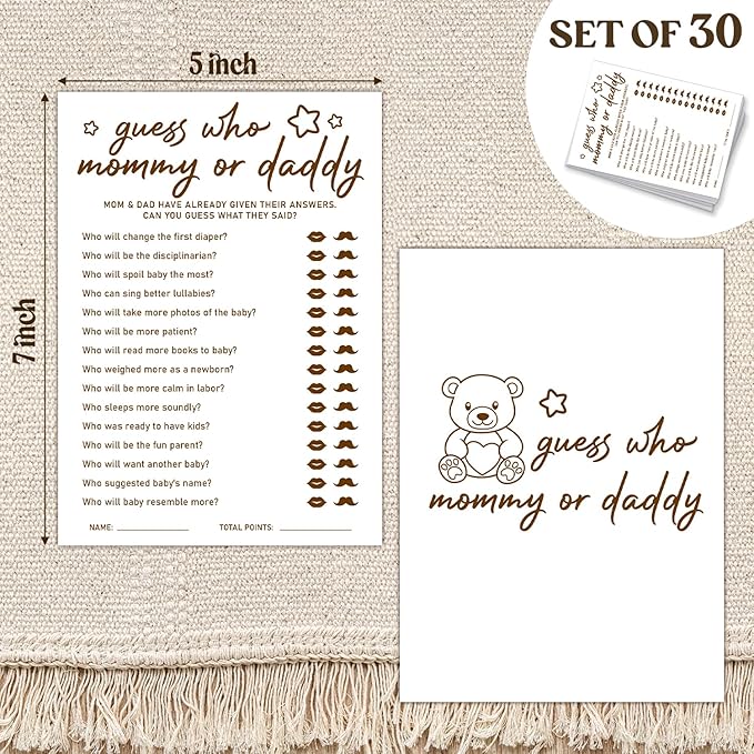30 PCS Cute Bear Guess Who Mommy or Daddy Baby Shower Game for Boy Girl, Double-Sided Games Gender Neutral Gender Reveal Party Supplies & Decor-C13