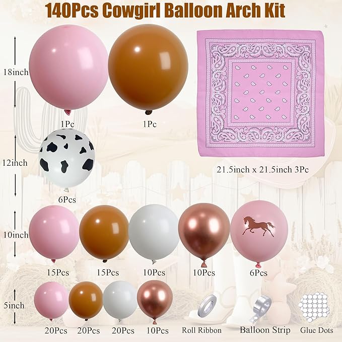 Cowgirl Balloon Arch Kit, Pastel Pink Brown White Rose Gold Balloon Garland with Cow Print and Paisley Bandana, for Rodeo Birthday Party, Western Baby Shower Decoration