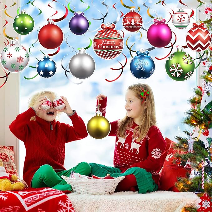 50 Pcs Christmas Foil Hanging Decorations Set Swirl Xmas Holiday Light Bulb Ball Hanging Swirls Ceiling Decorations for Indoor Outdoor Xmas Holiday Party Supplies