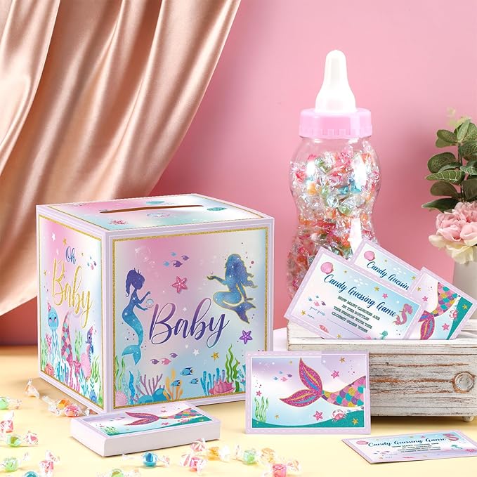 Glenmal 52 Pcs Baby Shower Games Gift Sets Large Baby Bottle for Shower Game Guess How Many Candies Decorations for Gender Reveal(Mermaid)