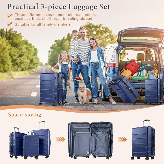 Sweetcrispy Carry on Suitcase, Luggage with Spinner Wheels, Hard Shell ABS, TSA Lock, Blue, 3-PCS Set (20/24/28 inch)