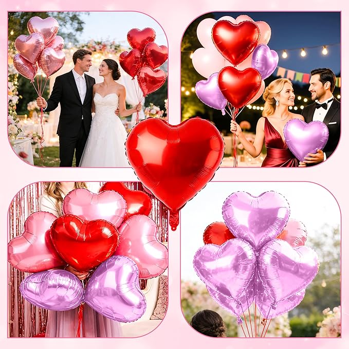 12 Pcs Purple and Red Heart Foil Balloons for Valentines Day Decorations, 18 Inch Romantic Love Valentine Heart Balloons for Galentines Day Decorations Wedding Marriage Birthday Bridal Shower Party
