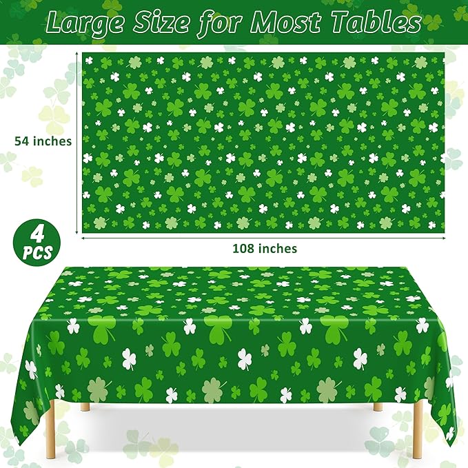 4 PCS St Patricks Day Decorations, Plastic 108" X 54" Irish St Patricks Day Tablecloth, Disposable Lucky Shamrock Decorations, Rectangle Shamrock Green Table Cloths, Lucky Decor for Memorable Table