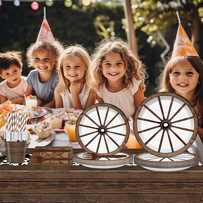 168PCS Wagon Wheel Party Decorations Western Party Supplies Brown Wild West Paper Plates Napkins Cups Knives Forks Straws tablecloths for 24 Guests