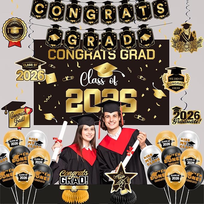 Graduation Decorations 2026 Gold Themed Set - Congrats Grad Banner, Class of 2026 Backdrop, Balloons & Streamers Kit - Complete Party Supplies for High School & College Celebrations