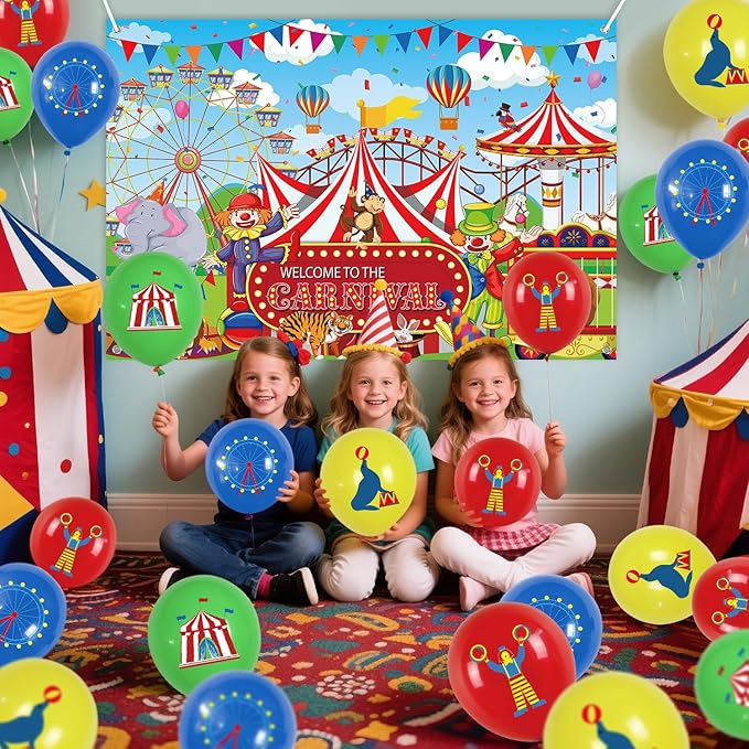 Carnival Party Decorations Circus Theme Birthday Party Supplies Including Carnival Backdrop Balloon, Red and White Stripe Tablecover, Centerpieces, cupcake topper for Circus Birthday Party
