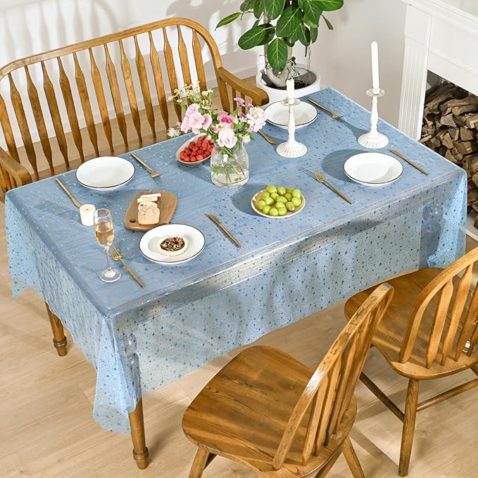 Horaldaily Light Blue Gold Sparkling Star Gauze Tablecloth 60x140 Inch Rectangular, Blue Star Sequin Glitter Metallic Foil, Sheer Tulle Cheesecloth for Wedding Baby Shower Party