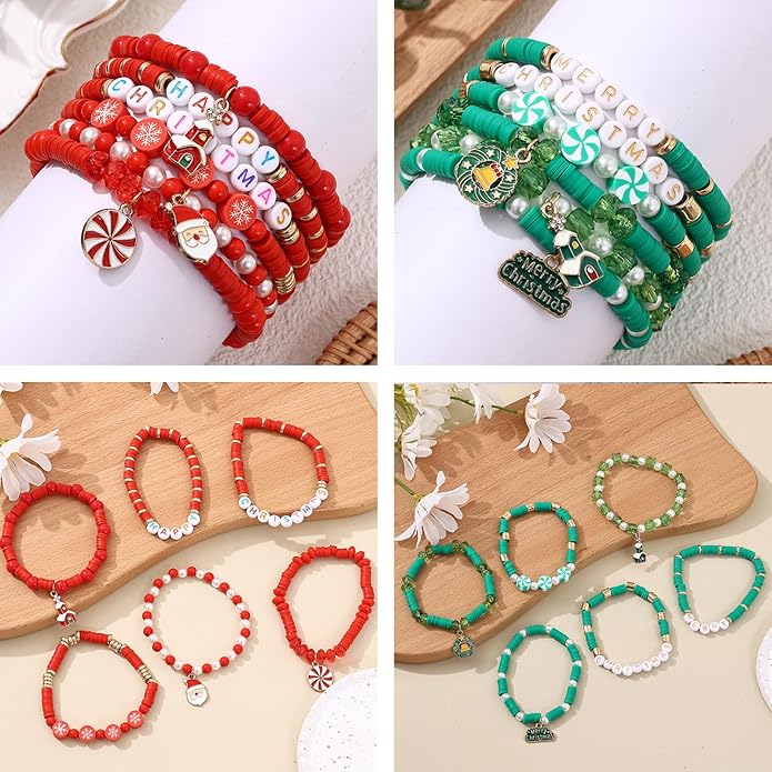 Cooluckday 36 Pcs Holiday Heishi Surfer Bracelets for Women Bulk Easter Mother's Day Christmas St. Patrick's Day Mardi Gras Bracelet Stackable Stretch Friendship Bracelets Set