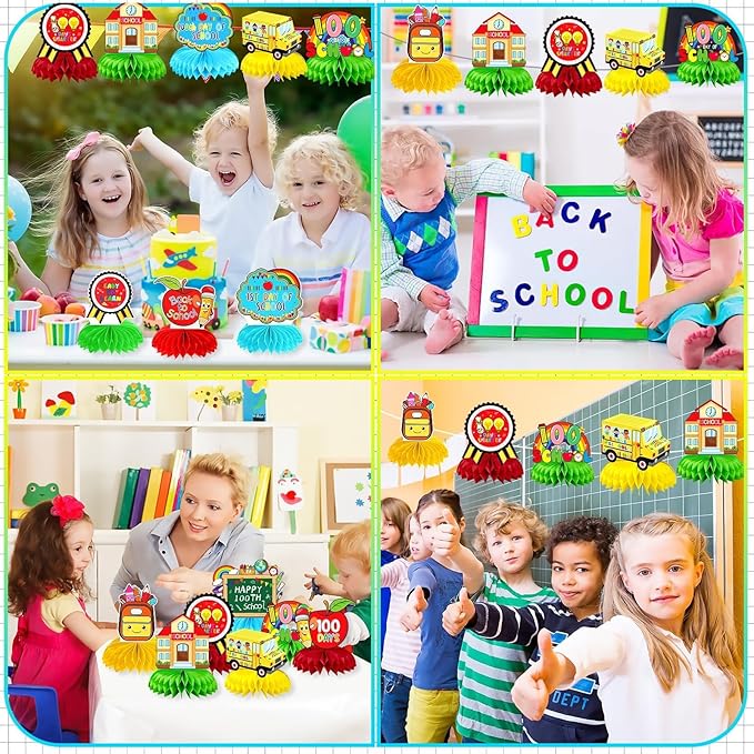 JULMELON 8 PCS 100 Days of School Decorations Honeycomb Centerpiece, 6 Inch Diameter, Red, Green, Yellow, Blue, Includes Honeycomb Centerpieces