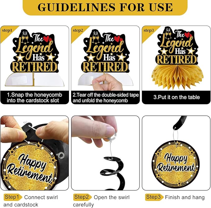Retirement Party Decorations for Men Women, Black Gold Happy Retirement Decorations Kit The Legend Has Retired Banner Retired Table Centerpieces Hanging Swirls Party Supplies 12PCS