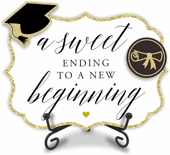Gold Grad Party Wooden Table Sign - A Sweet Ending To A New Beginning - 5"X7" Buffet Sign, Treat Sign With Metal Support & 2 DIY Wood Decor With Velcro, Grad Party Decorations & Supplies - B04