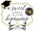 Gold Grad Party Wooden Table Sign - A Sweet Ending To A New Beginning - 5"X7" Buffet Sign, Treat Sign With Metal Support & 2 DIY Wood Decor With Velcro, Grad Party Decorations & Supplies - B04